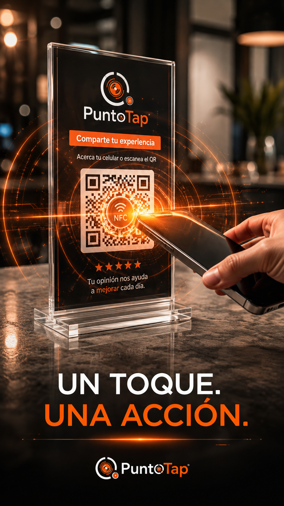 PuntoTap físico personalizado con chip NFC y código QR para mostrador